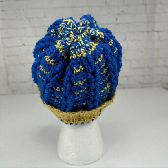 Handmade Unisex New Blue Gold Striped Winter Crochet Beanie - Adult S/M‎ - Picture 4 of 9